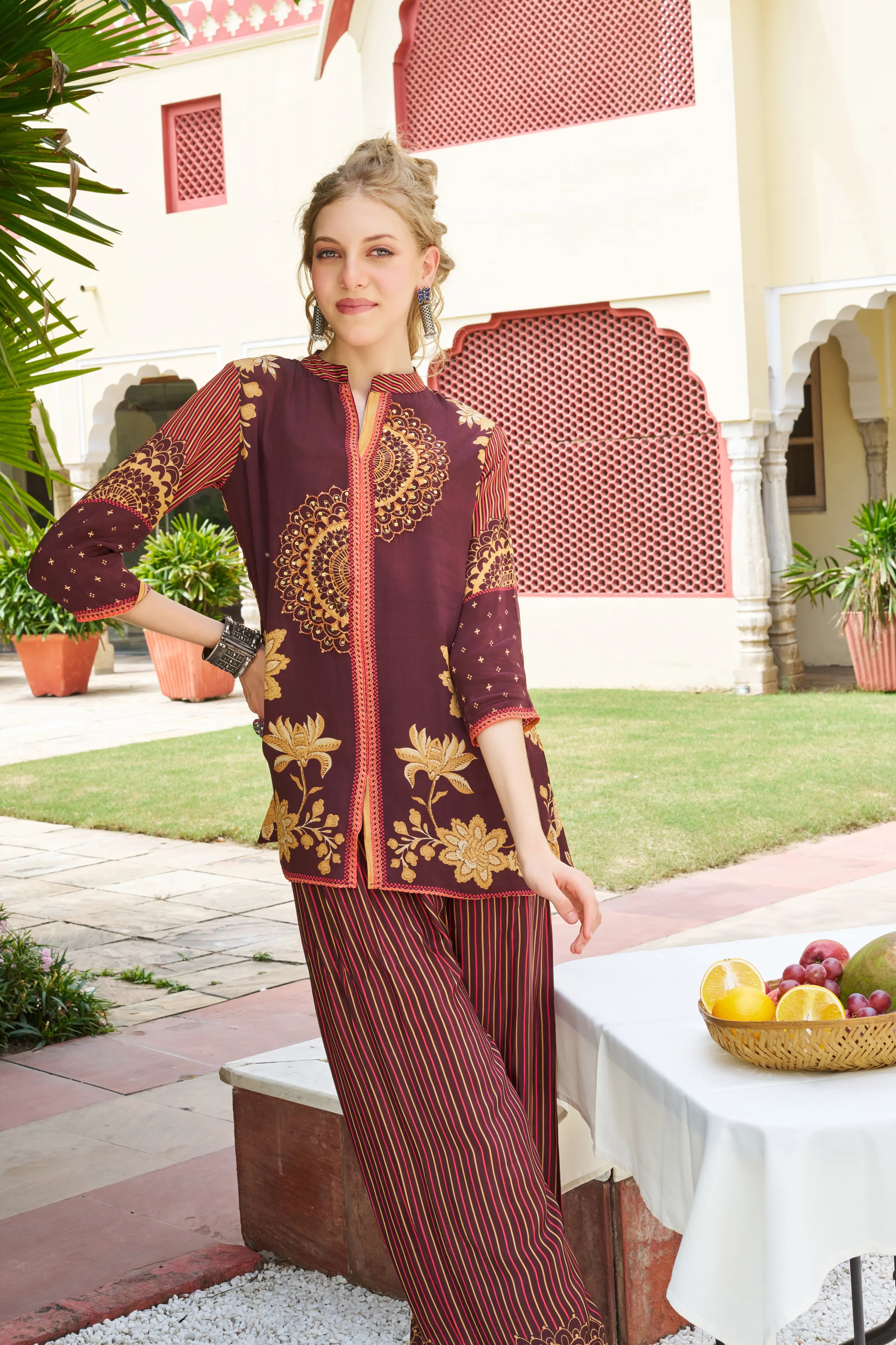 Brown Mandala & Floral Printed Crepe Co-ord Set