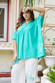 Turquoise Ginkgo Leaf Embroidered Co-ord Set in Cotton Slub