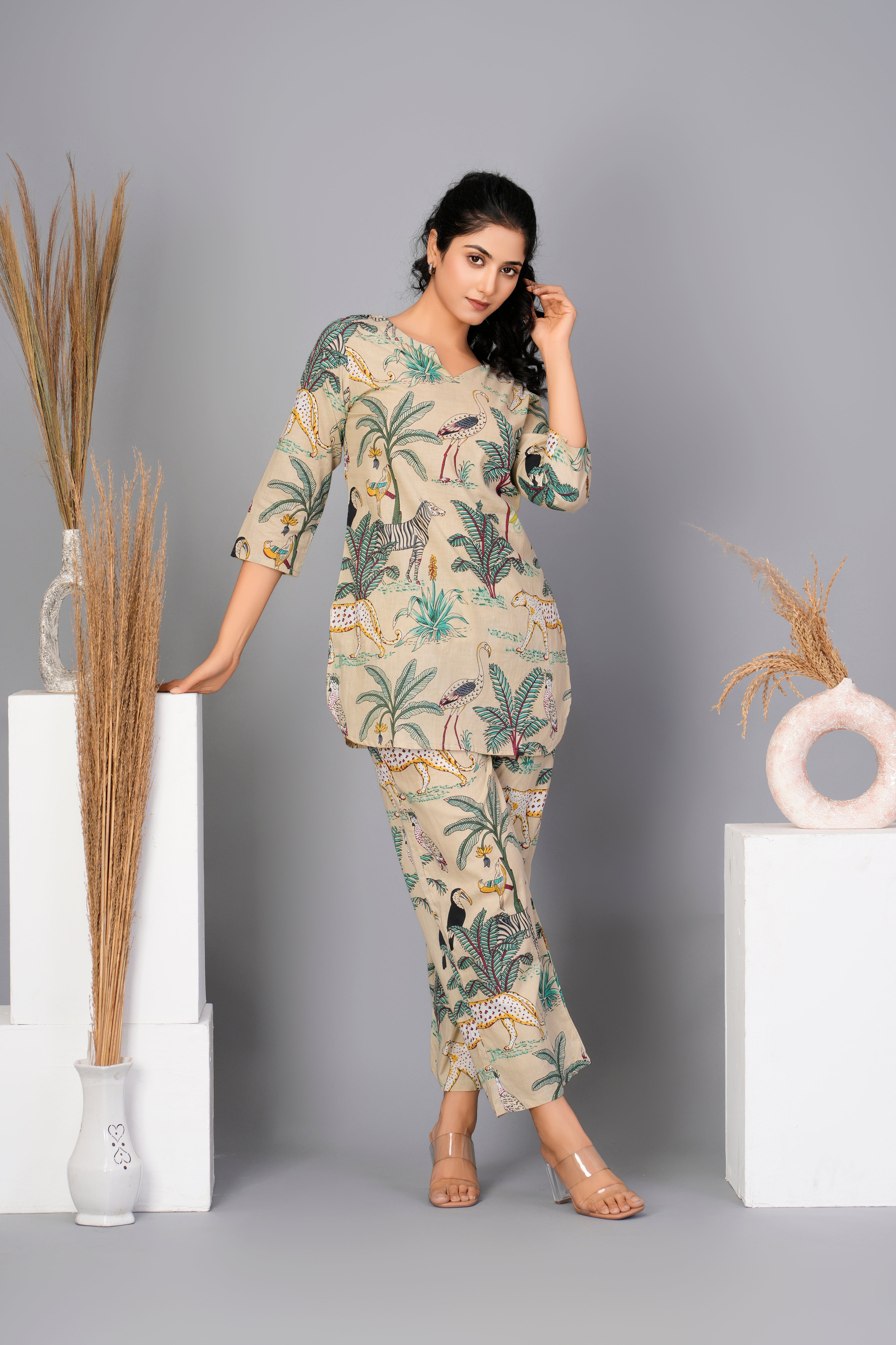 Beige Cotton Floral Printed Kurta With Pant