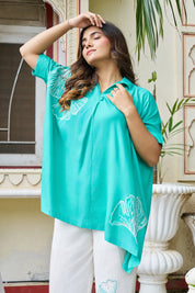 Turquoise Ginkgo Leaf Embroidered Co-ord Set in Cotton Slub