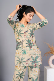 Beige Cotton Floral Printed Kurta With Pant