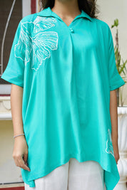 Turquoise Ginkgo Leaf Embroidered Co-ord Set in Cotton Slub