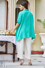 Turquoise Ginkgo Leaf Embroidered Co-ord Set in Cotton Slub