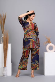 Navy Blue Cotton Abstract Printed Kurta With Pant