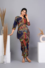 Navy Blue Cotton Abstract Printed Kurta With Pant