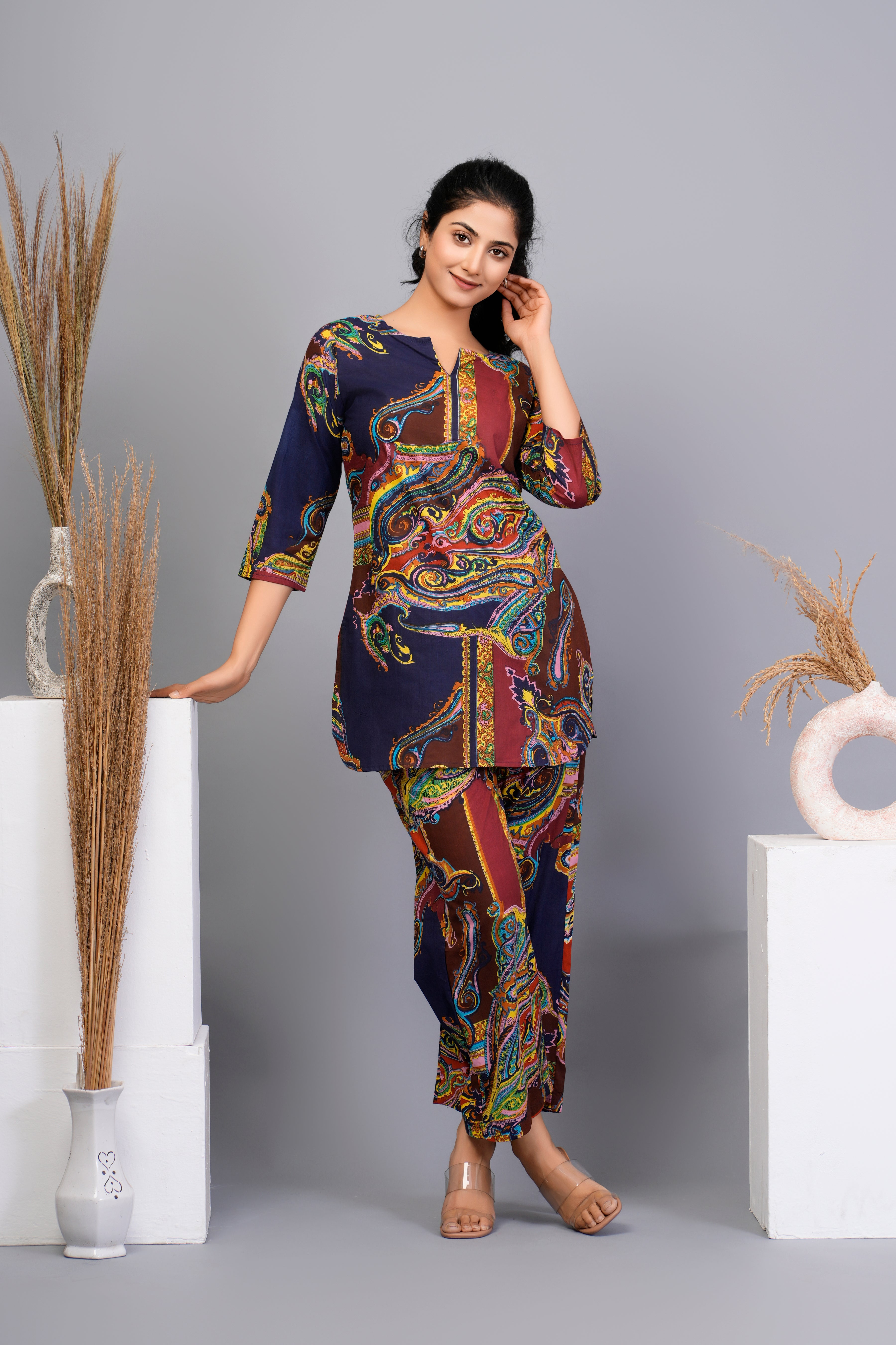 Navy Blue Cotton Abstract Printed Kurta With Pant