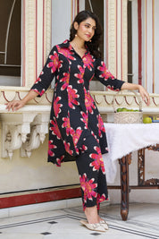 Black Base Red Floral Motifs Cotton 3/4th Sleeve Kurta Set