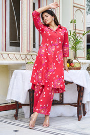 Red Floral Motifs Cotton 3/4th Sleeve Kurta Set