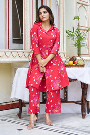 Red Floral Motifs Cotton 3/4th Sleeve Kurta Set