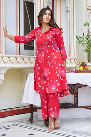 Red Floral Motifs Cotton 3/4th Sleeve Kurta Set