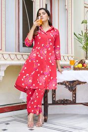 Red Floral Motifs Cotton 3/4th Sleeve Kurta Set