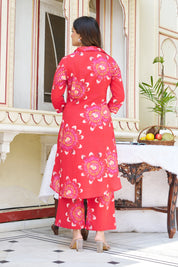 Red Floral Motifs Cotton 3/4th Sleeve Kurta Set