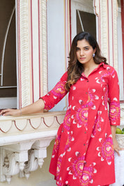 Red Floral Motifs Cotton 3/4th Sleeve Kurta Set