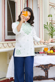 White Base Chikankari Short Kurti with Green Ethnic Embroidery in Cotton