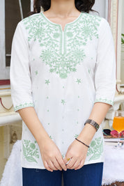 White Base Chikankari Short Kurti with Green Ethnic Embroidery in Cotton