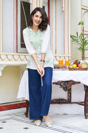 White Base Chikankari Short Kurti with Green Ethnic Embroidery in Cotton