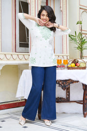 White Base Chikankari Short Kurti with Green Ethnic Embroidery in Cotton