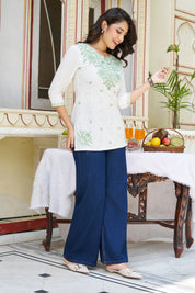 White Base Chikankari Short Kurti with Green Ethnic Embroidery in Cotton