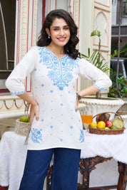 White Base Chikankari Short Kurti with Blue Ethnic Embroidery in Cotton