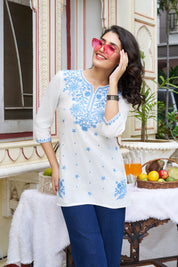 White Base Chikankari Short Kurti with Blue Ethnic Embroidery in Cotton