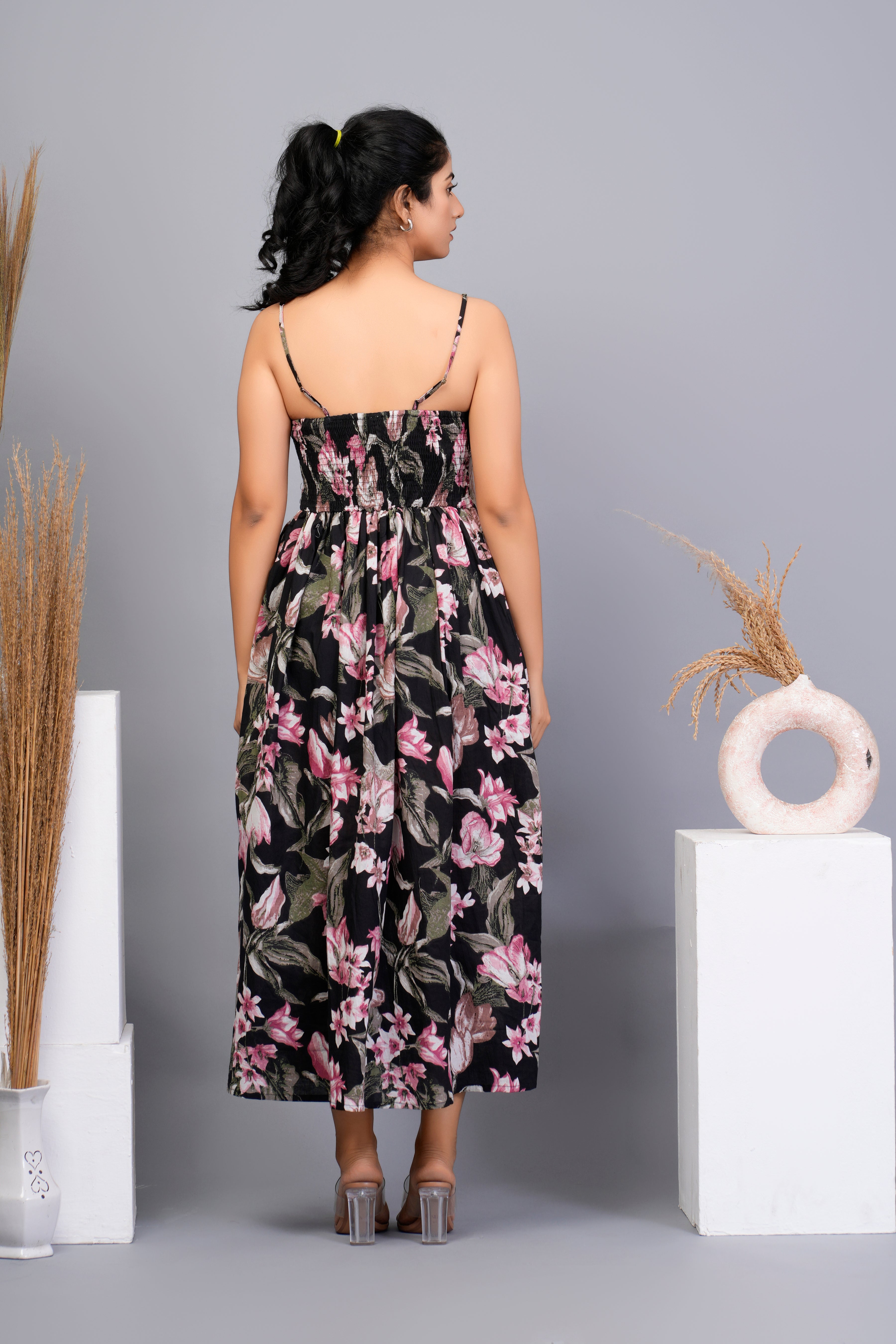 Black Base with Pink Floral Printed Cotton Midi Dress