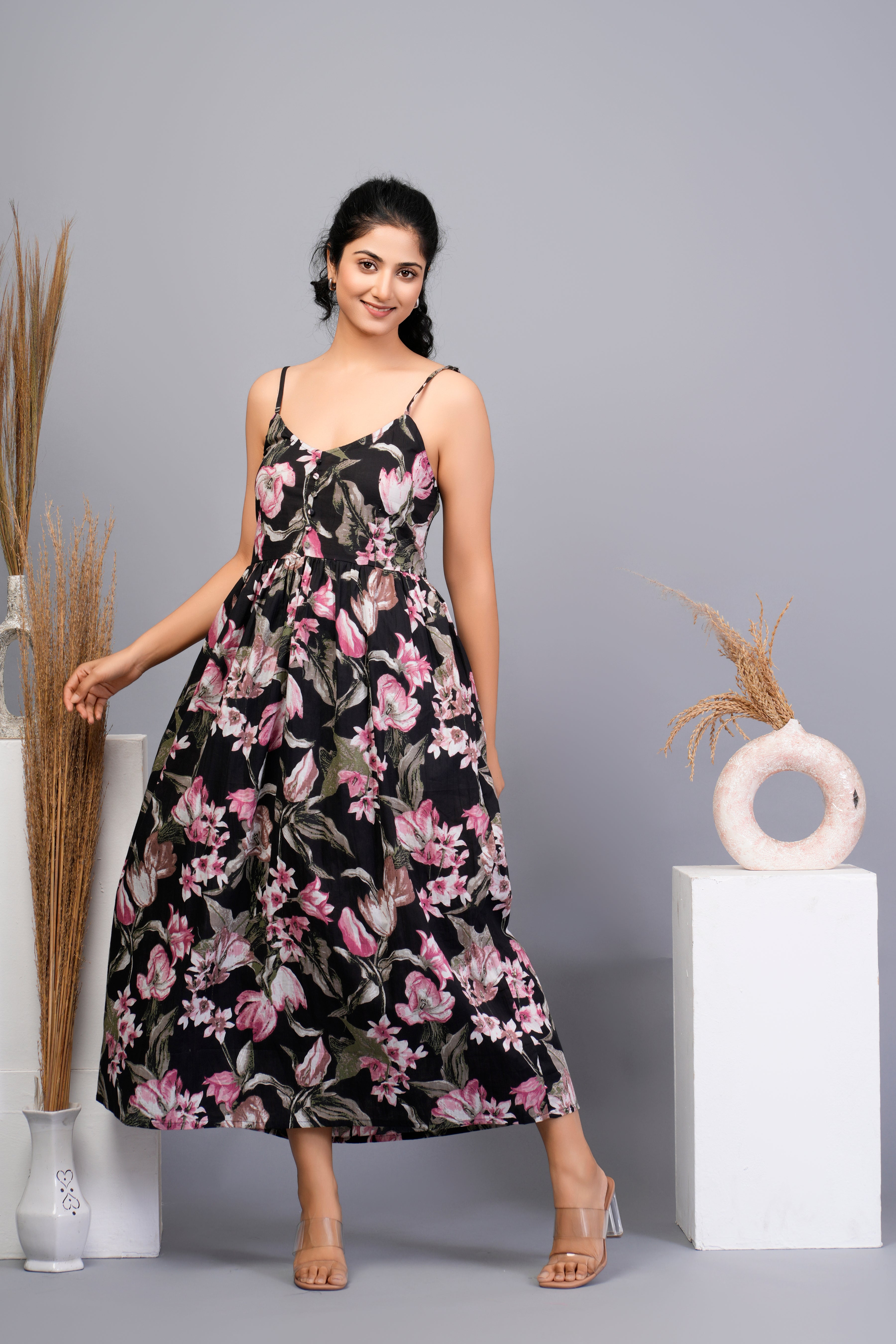 Black Base with Pink Floral Printed Cotton Midi Dress