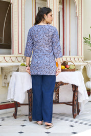 Short Kurti with Blue Floral & Paisley Print in Cotton