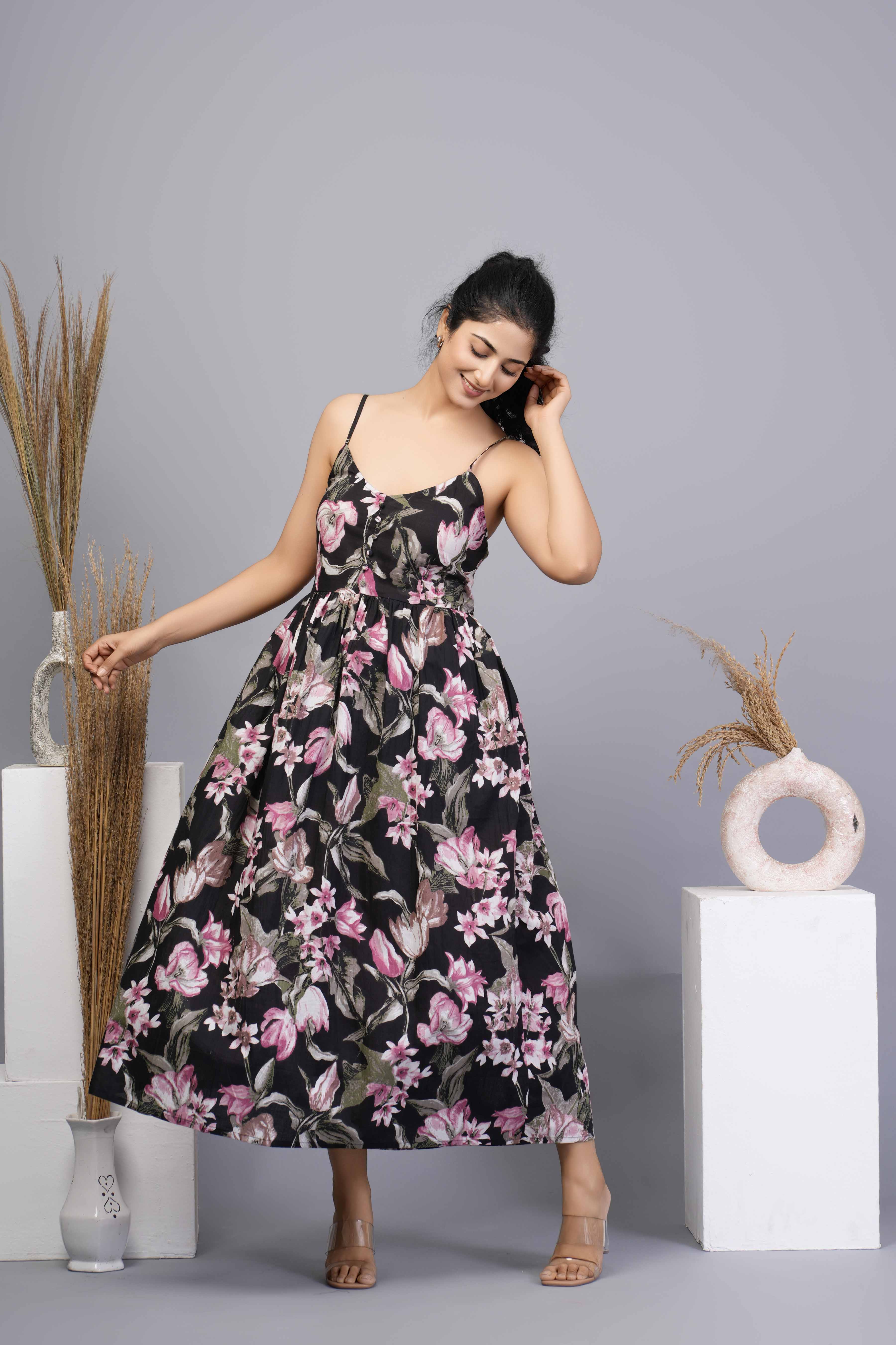 Black Base with Pink Floral Printed Cotton Midi Dress