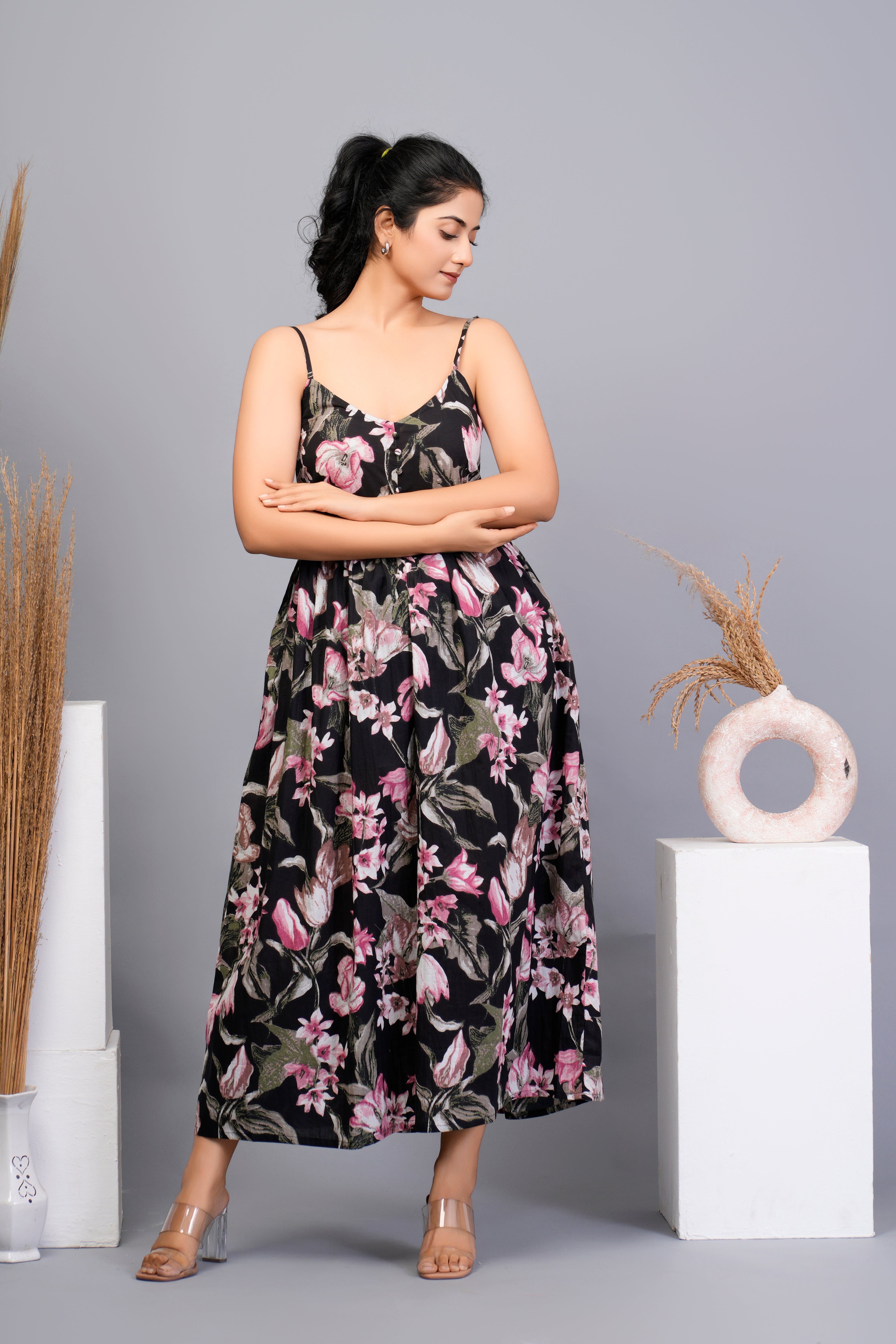 Black Base with Pink Floral Printed Cotton Midi Dress