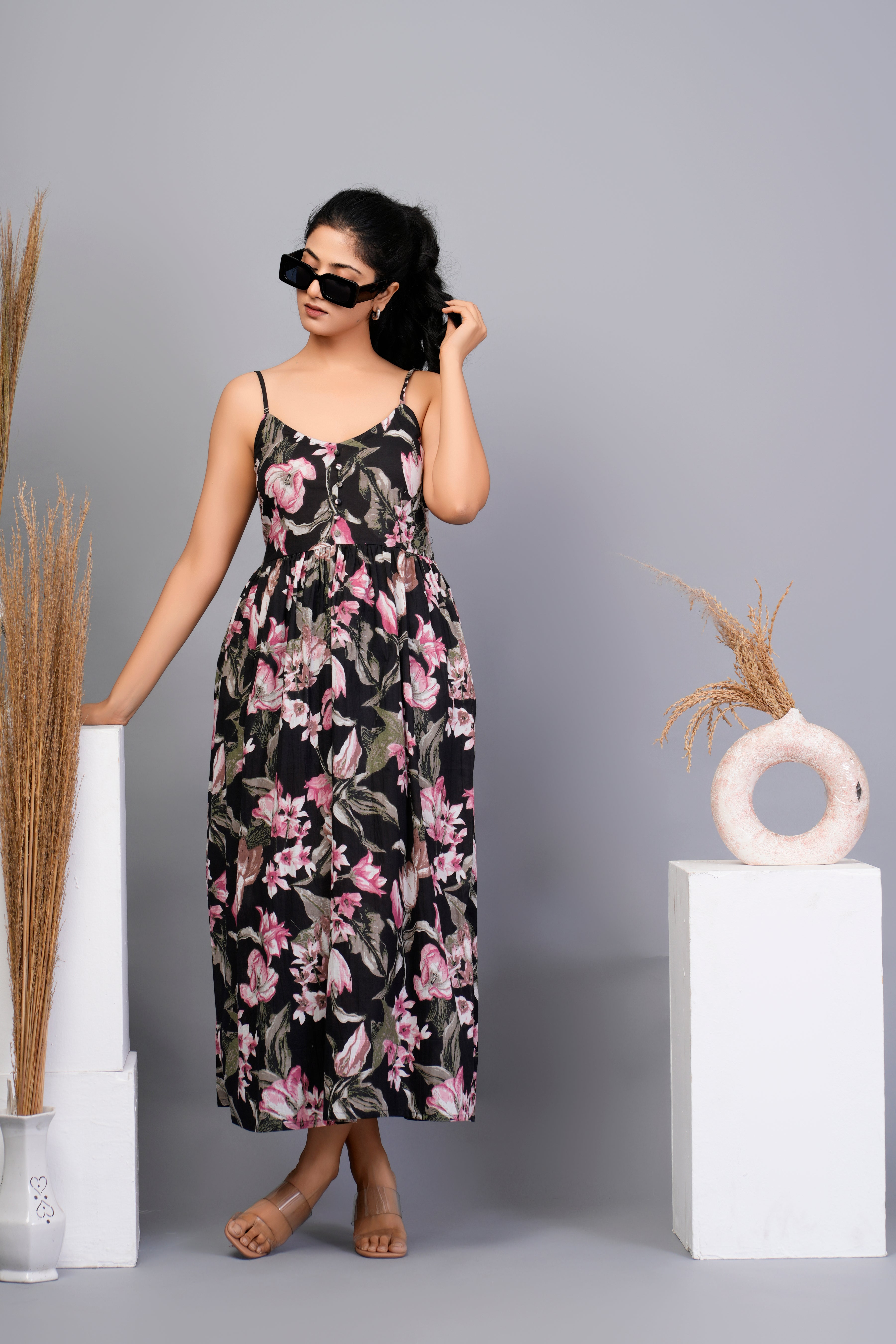 Black Base with Pink Floral Printed Cotton Midi Dress