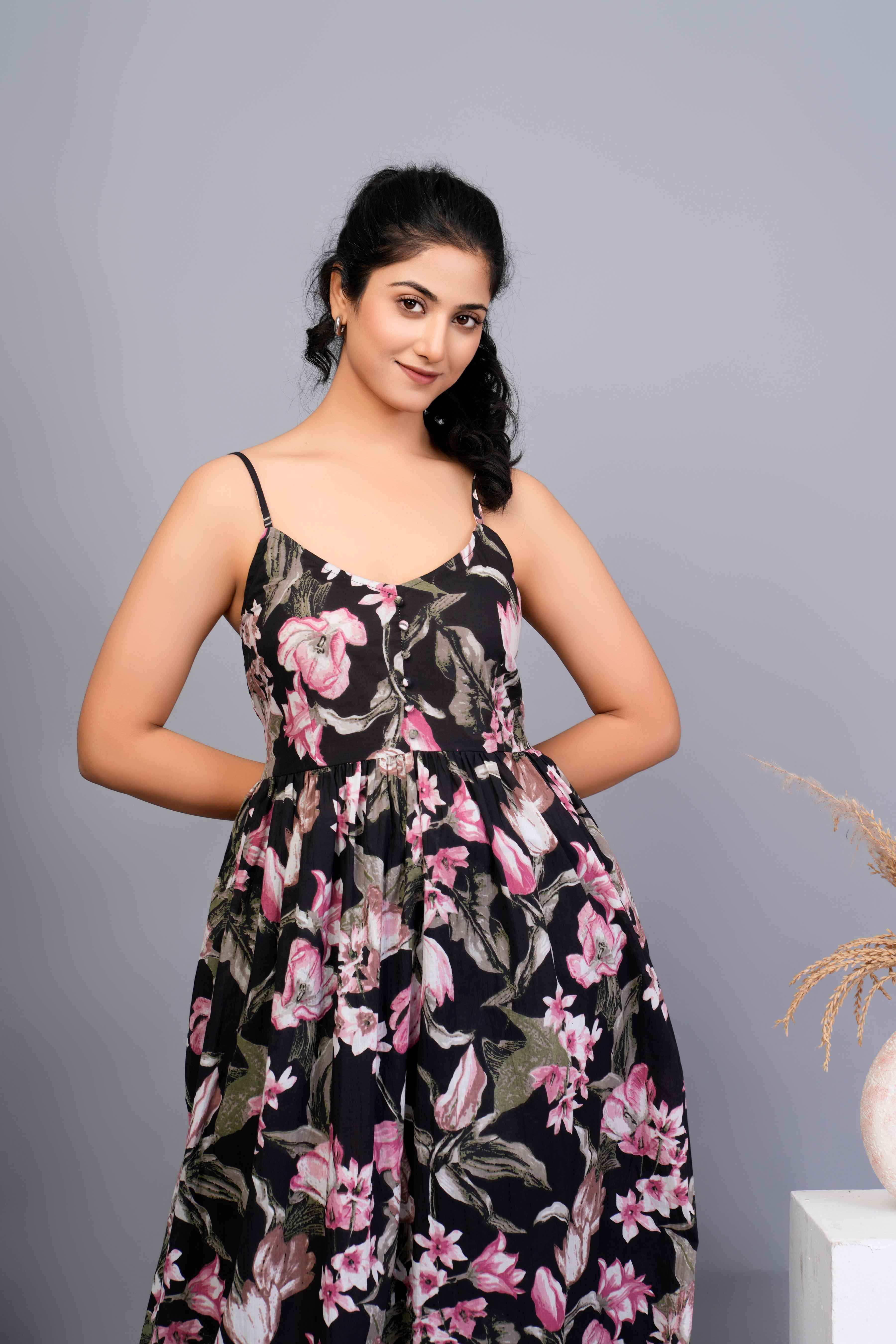 Black Base with Pink Floral Printed Cotton Midi Dress