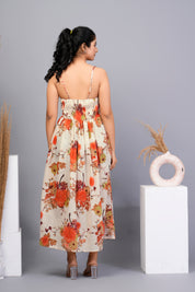 Beige Base with Orange Floral Printed Cotton Midi Dress