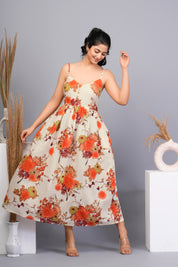 Beige Base with Orange Floral Printed Cotton Midi Dress