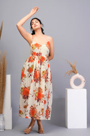 Beige Base with Orange Floral Printed Cotton Midi Dress