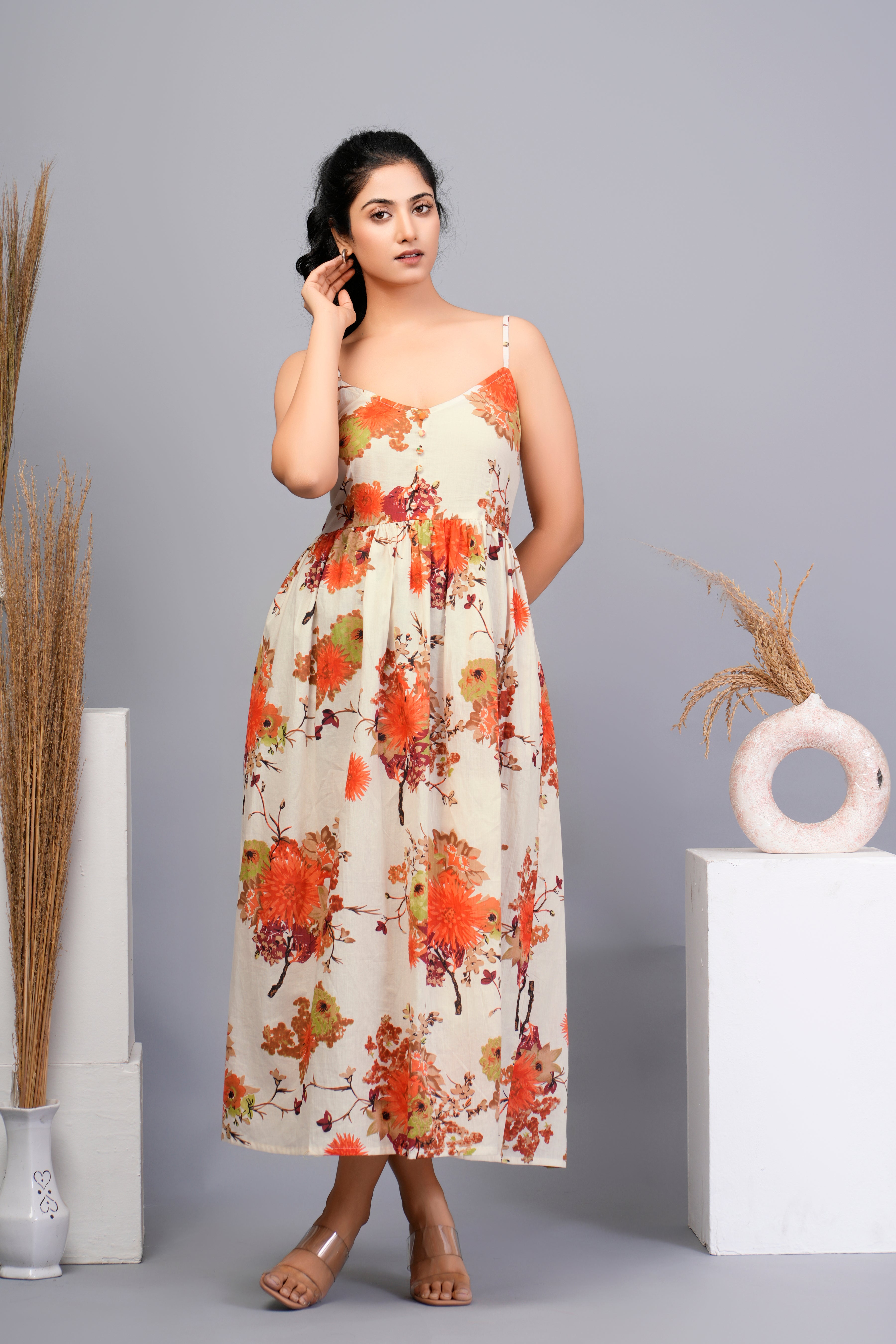 Beige Base with Orange Floral Printed Cotton Midi Dress