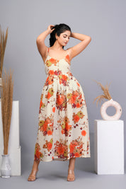 Beige Base with Orange Floral Printed Cotton Midi Dress