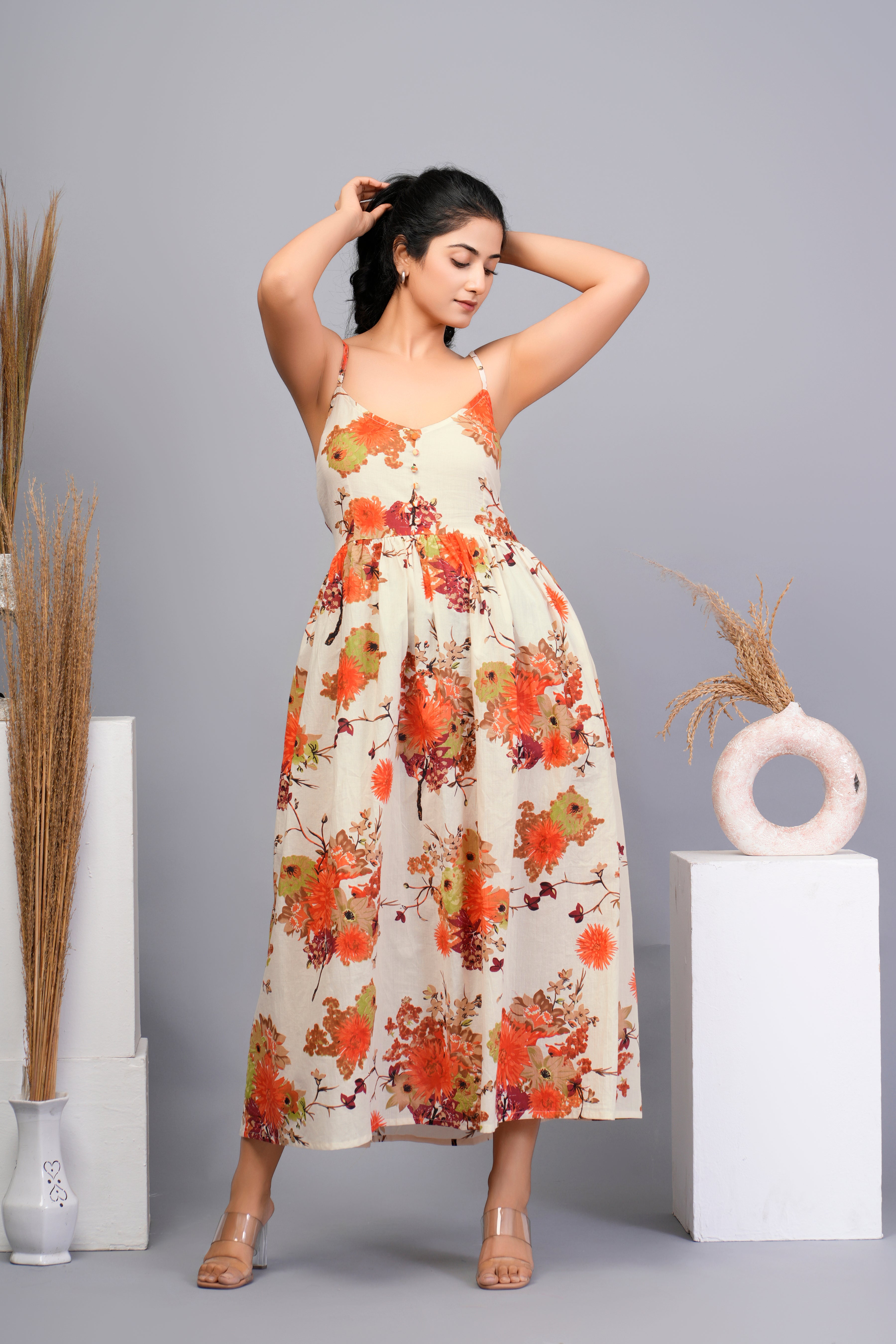 Beige Base with Orange Floral Printed Cotton Midi Dress