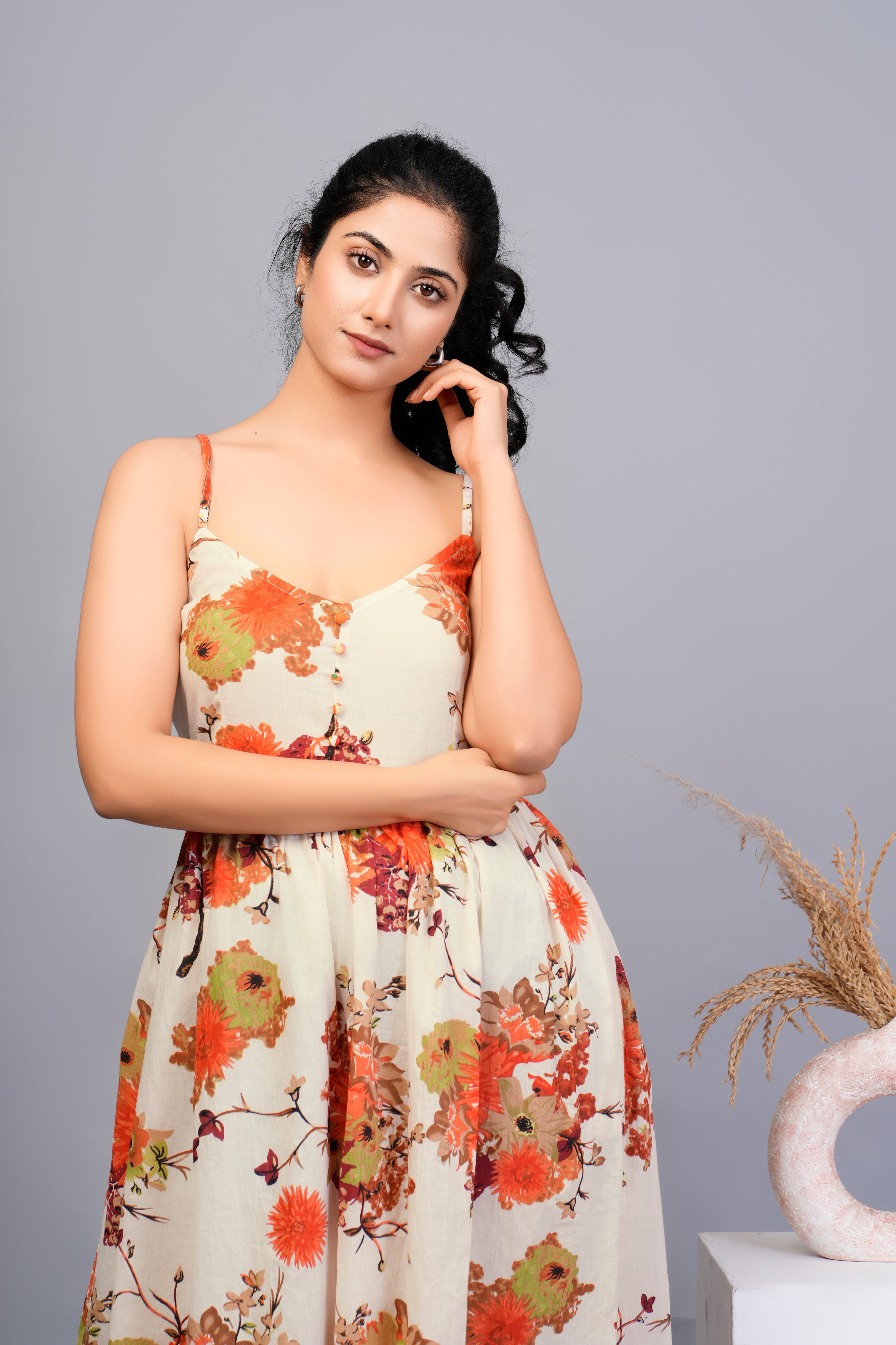 Beige Base with Orange Floral Printed Cotton Midi Dress