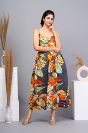 Multi - Color Floral Printed Cotton Midi Dress