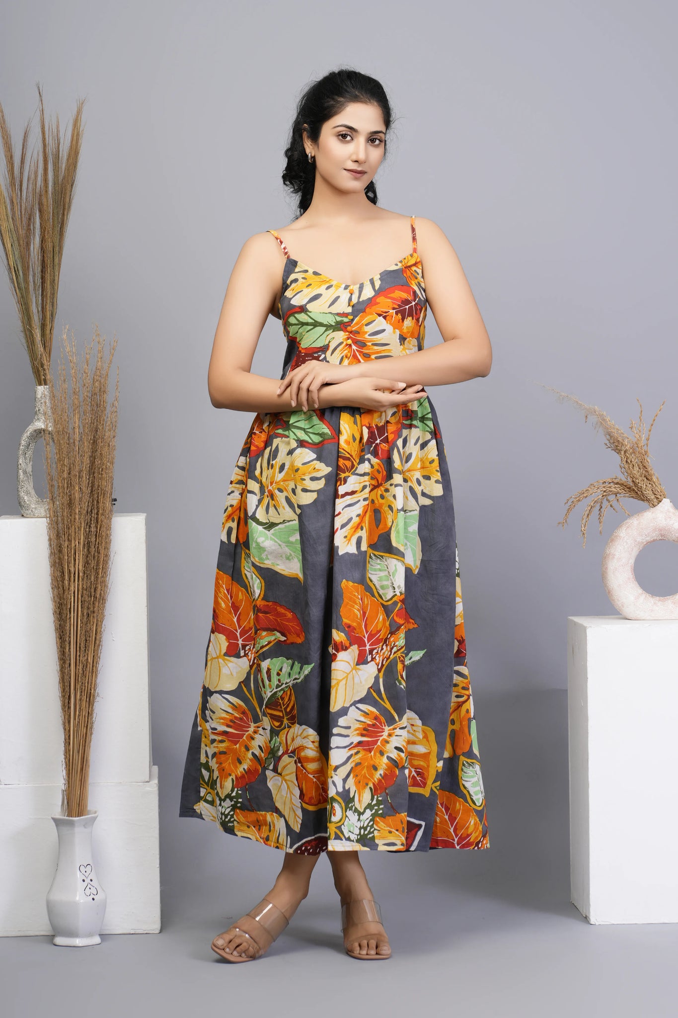 Multi-Color Floral Printed Cotton Midi Dress