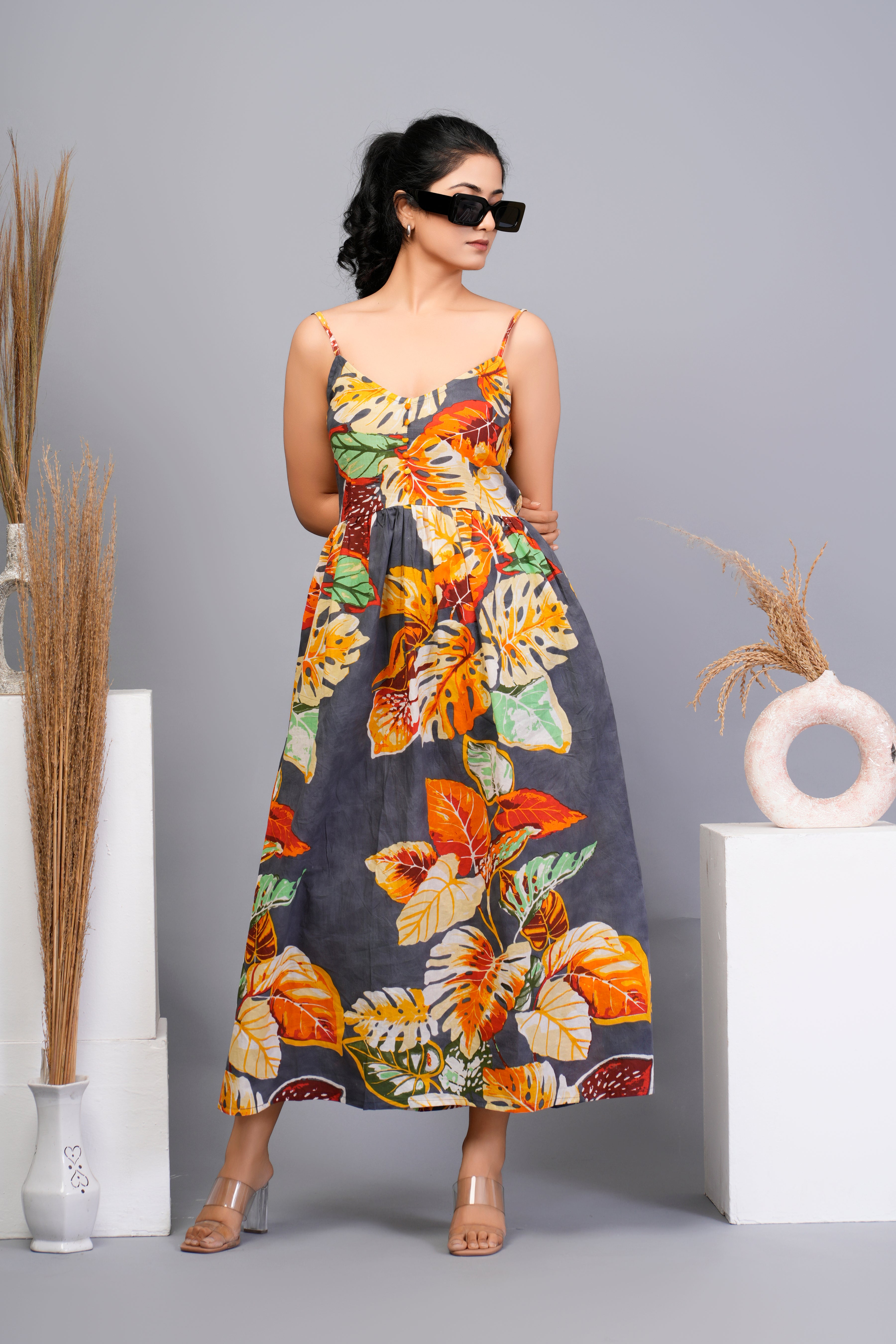 Multi - Color Floral Printed Cotton Midi Dress