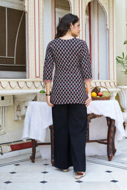 Black Block-Printed Short Kurti in Cotton