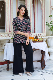 Black Block-Printed Short Kurti in Cotton