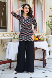 Black Block-Printed Short Kurti in Cotton