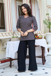 Black Block-Printed Short Kurti in Cotton