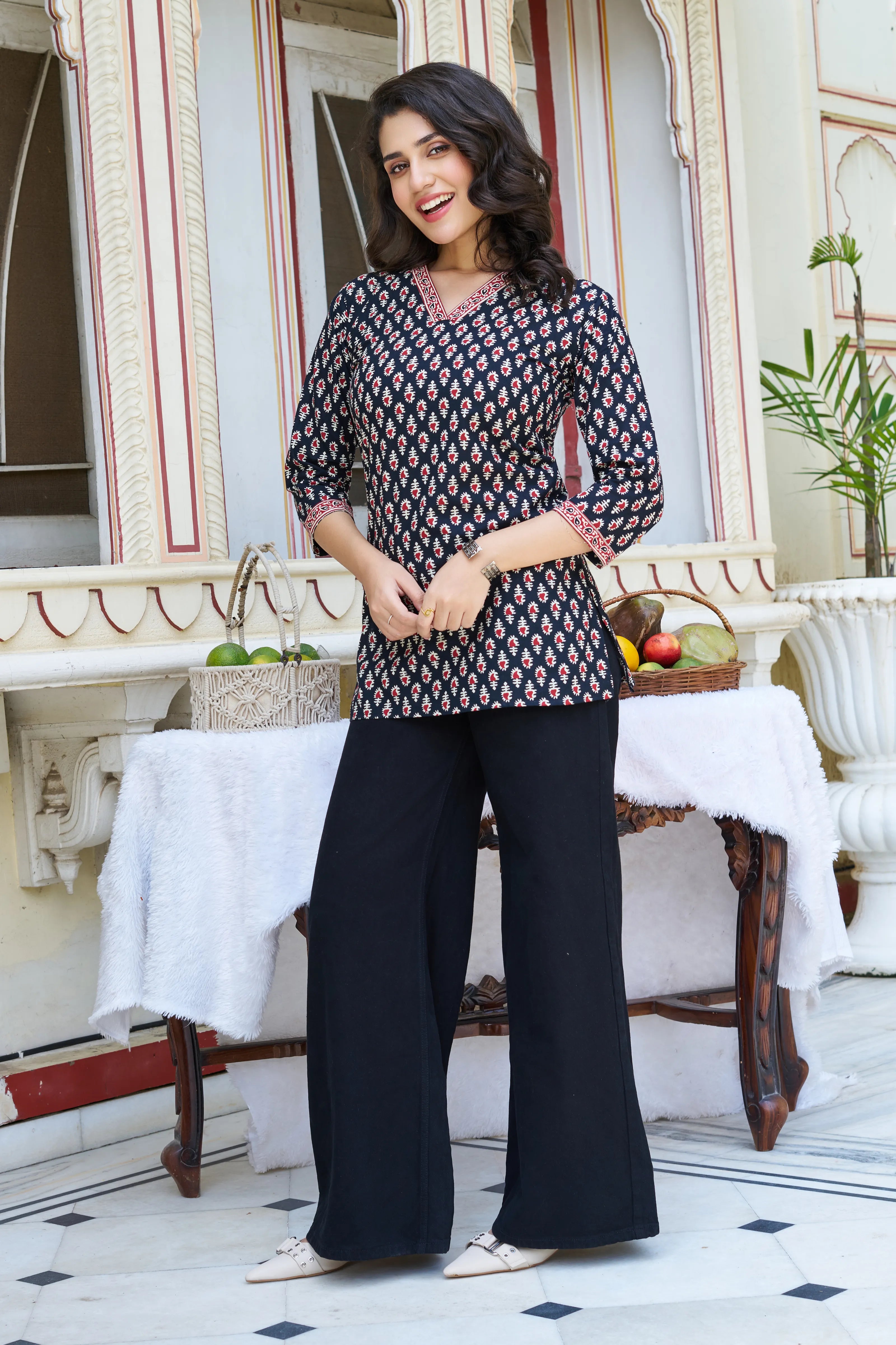 Black Block-Printed Short Kurti in Cotton