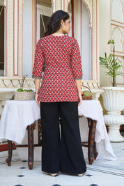 Brick Red Block-Printed Short Kurti in Cotton