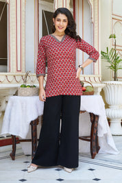 Brick Red Block-Printed Short Kurti in Cotton