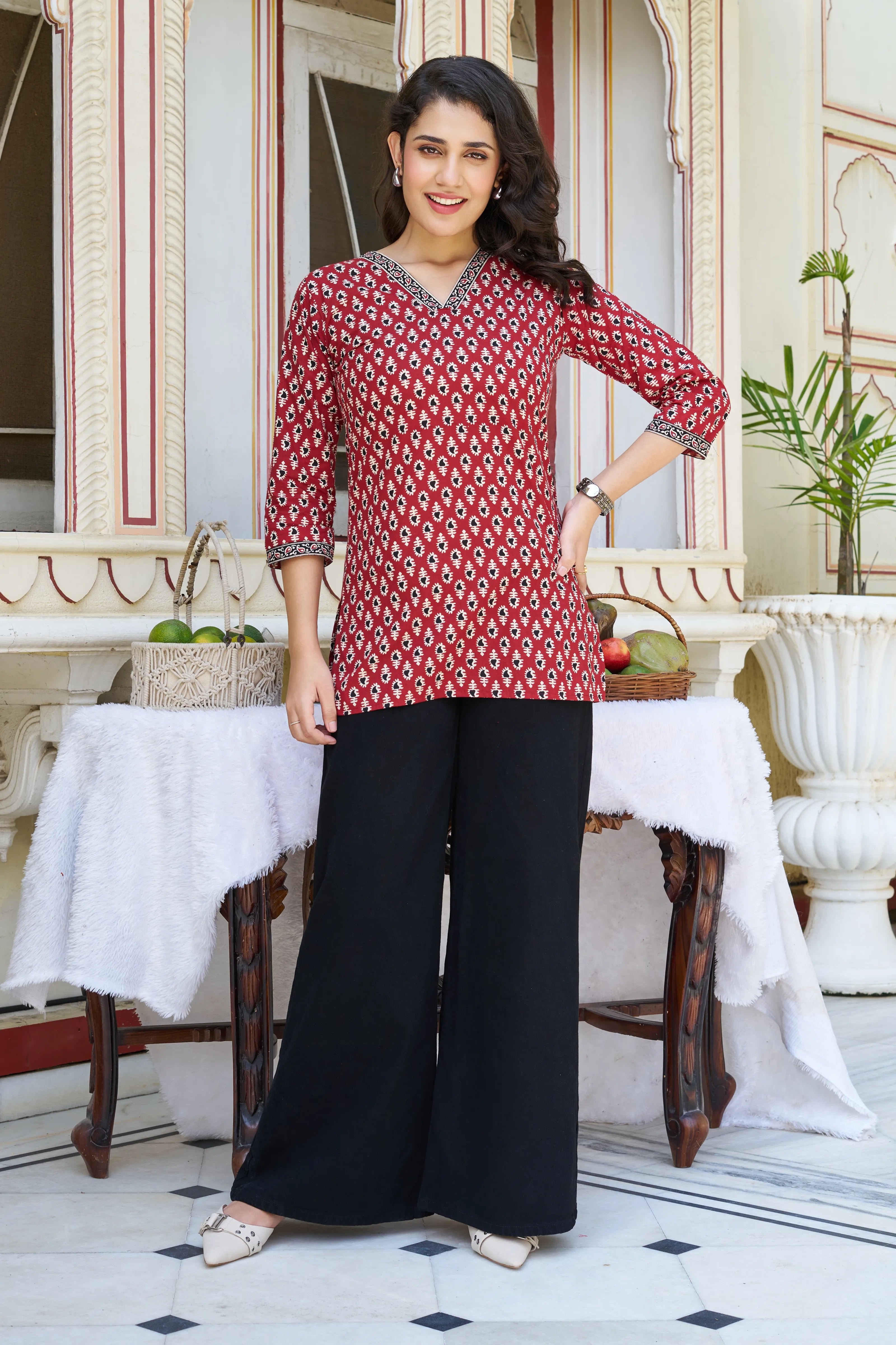 Brick Red Block-Printed Short Kurti in Cotton