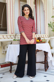Brick Red Block-Printed Short Kurti in Cotton